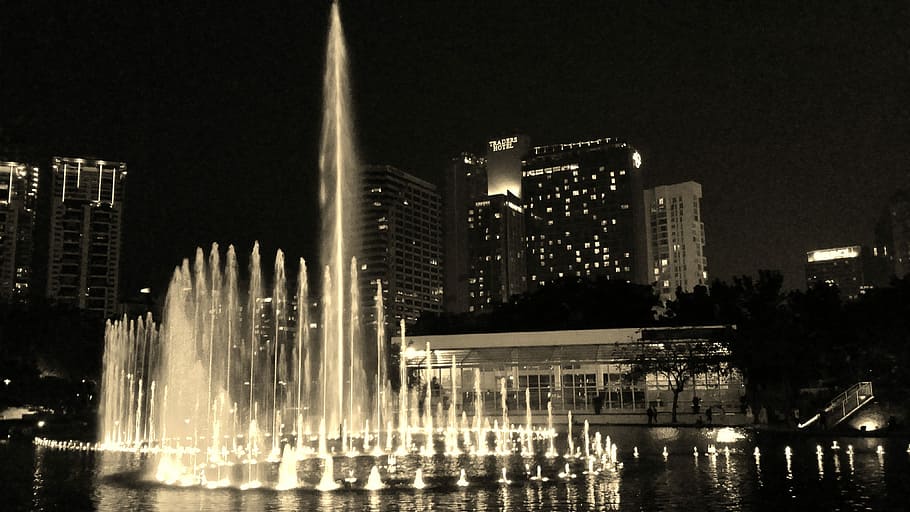 Kuala Lumpur, Malaysia, Lights, Fountain, darkness, klcc fountain, night, illuminated, architecture, travel destinations