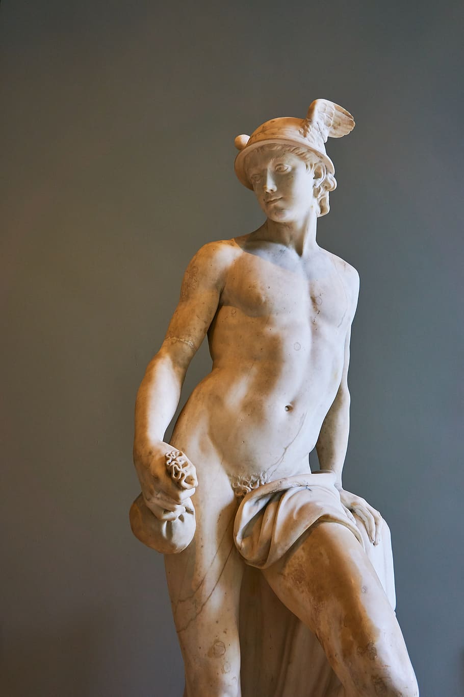 masculino, estatua del dios griego, gris, pared, lumbrera, París, estatua, museo, Francia, arte