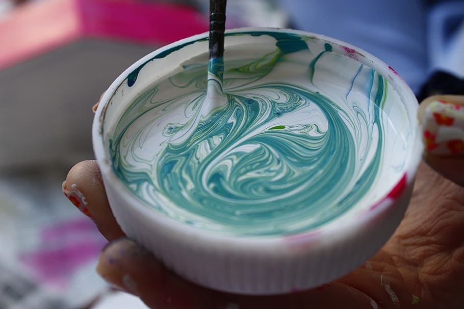 blanco, color de pintura verde azulado, contenedor, pintura, témpera, colores, arte, manualidades, comida y bebida, primer plano
