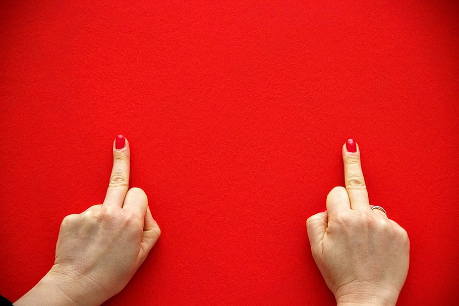 dos, humano, dedos medios, rojo, textil, dedo medio, fondo, papel tapiz, manos, pared