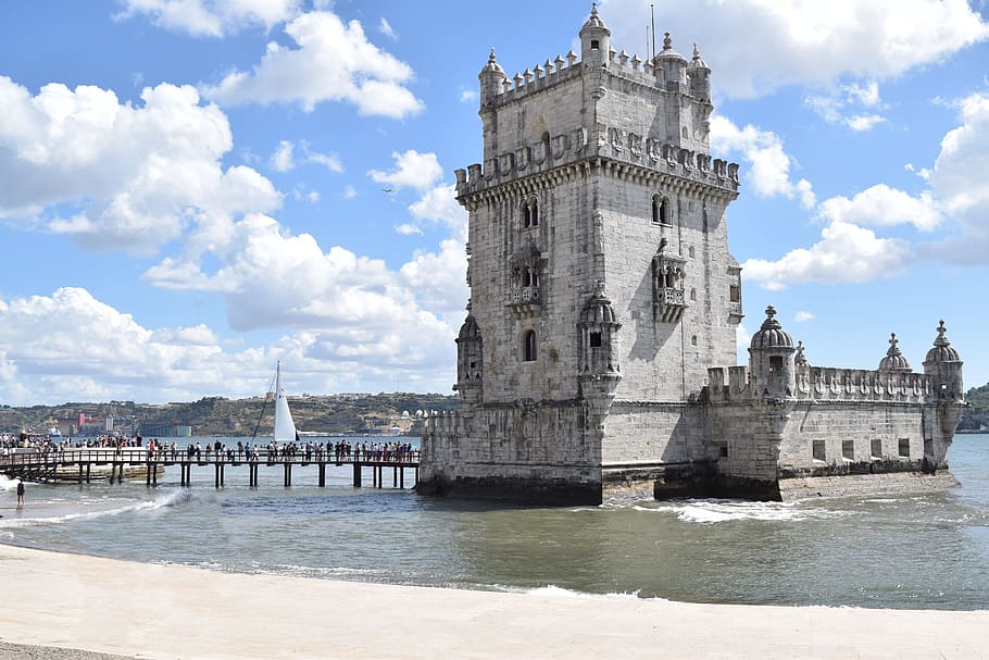 white, concrete, tower, middle, sea, portugal, lisbon, belim, torre de belim, water