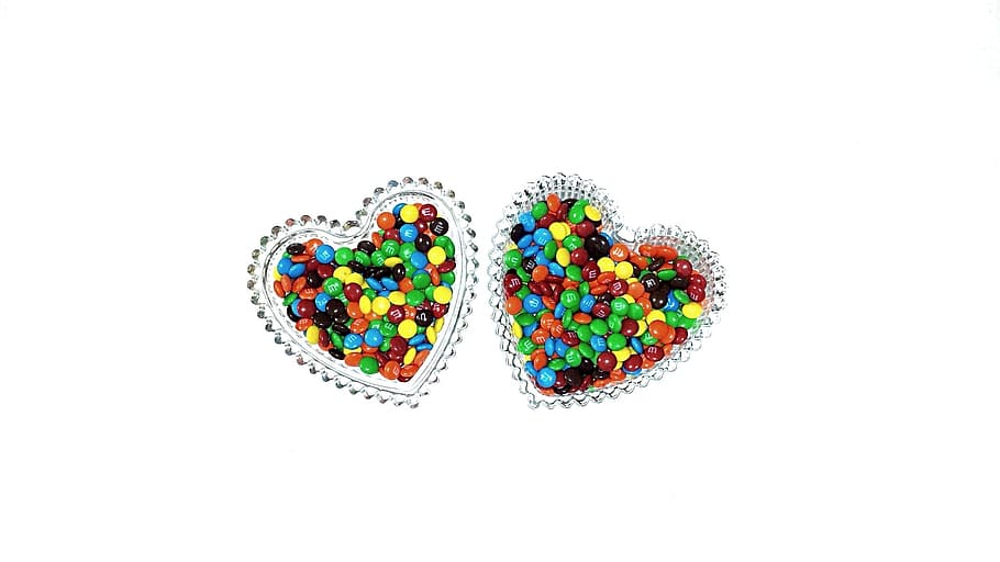 multicolored, coated, chocolates, heart, shaped, glass bowl, heart shaped, crystal, love, shape