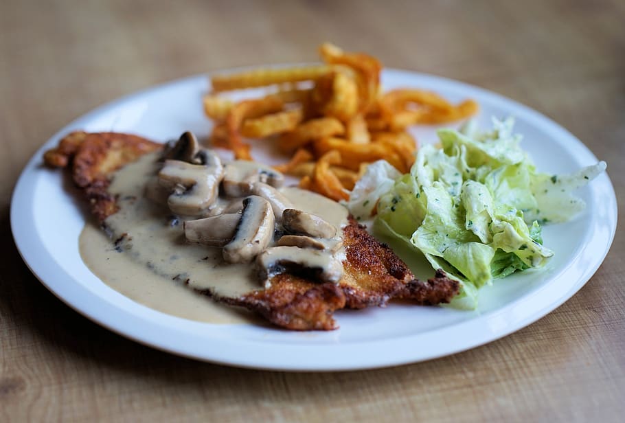 schnitzel, golden brown, hunter sauce, salad, french, meat, plate, cook, mushrooms, lunch
