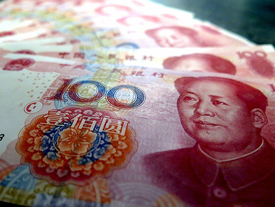 Notas de 100, fotografia, dinheiro, renbinbi, yuan, nota de banco, moeda chinesa, 100, nota de dinheiro, moeda