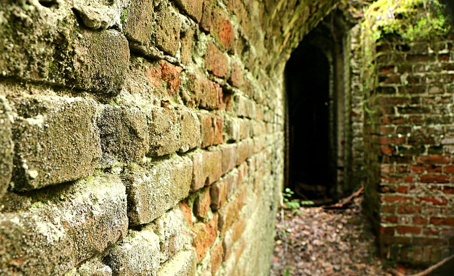 gray, brown, brick wall, brown stone, bricks, tunnel, catacombs, subterranean, entrance, exit
