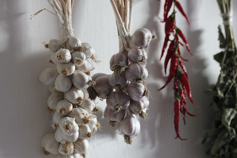 garlic, hang, village, chilli, hanging, indoors, spice, decoration, close-up, focus on foreground