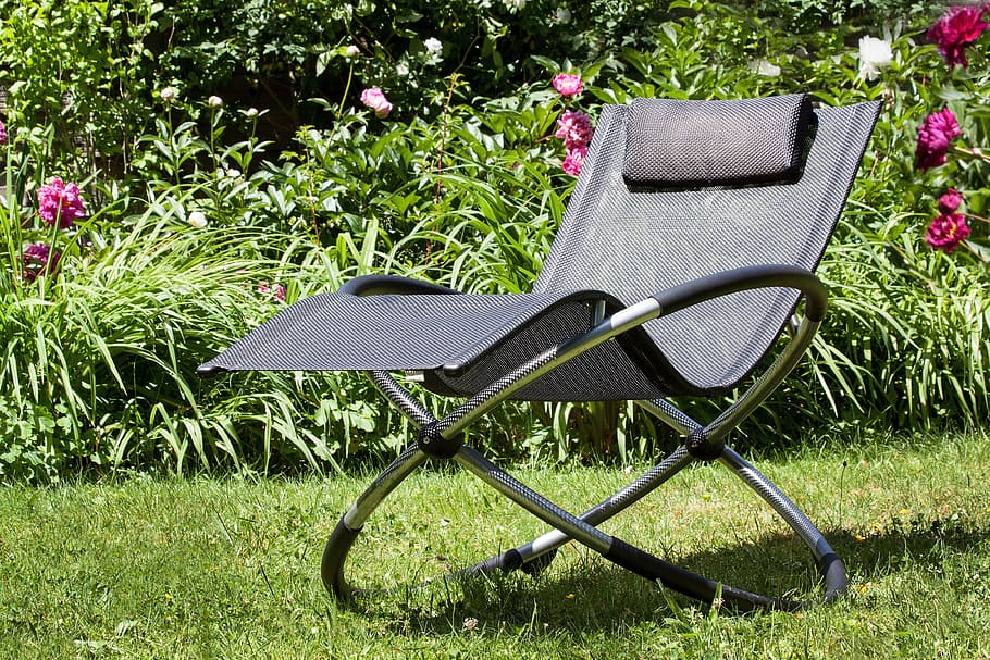 deck chair, design, noble, aluminium, rest, relax, garden, silent, idyll, flowers