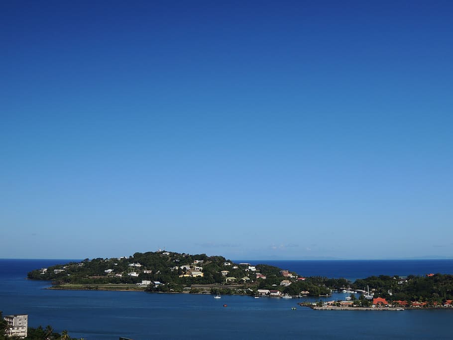 high, angle photo, islet, st lucia, caribbean island, saint lucia, sea, blue, water, sky