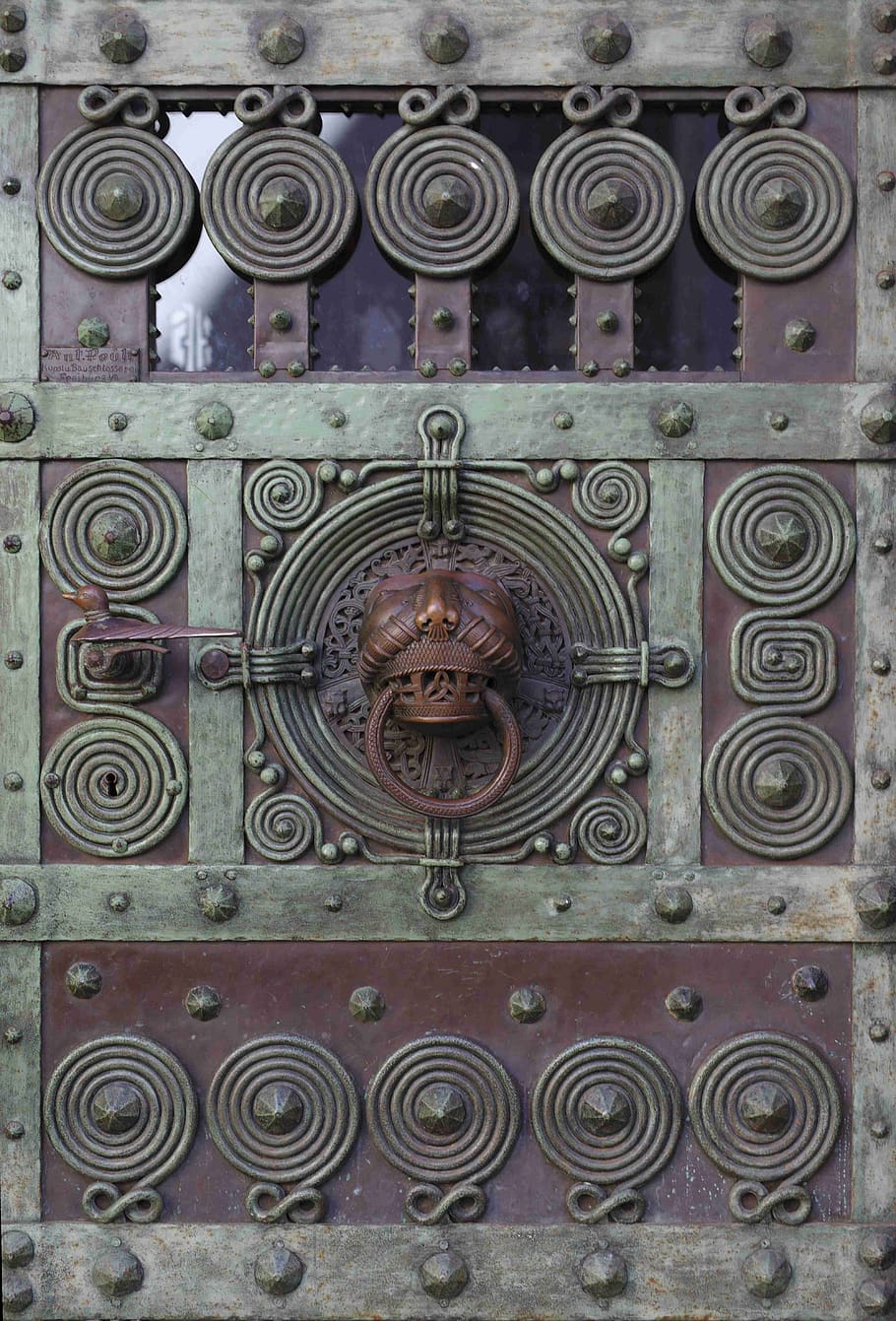 puerta, alemania, friburgo, edificio, entrada, medieval, carpintería metálica, adornado, círculos, metal