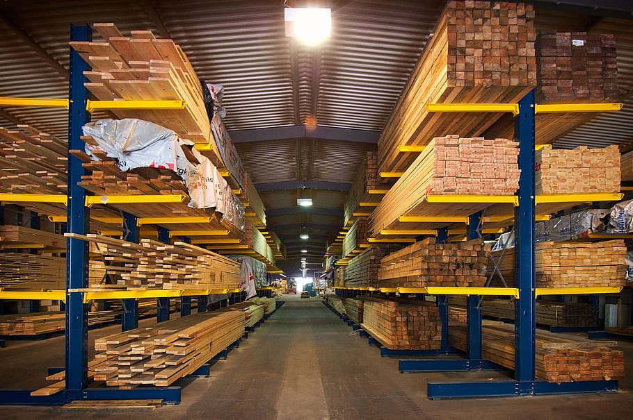 armazém de armazenamento, completo, de madeira, pranchas, barras, madeira, produtos de folha, indústria, pilha, construção