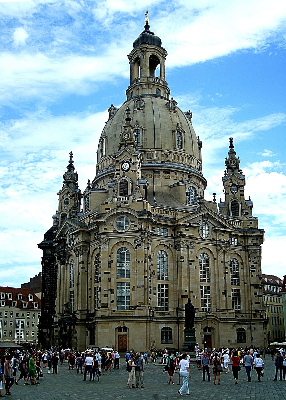 frauenkirche, landmark, dresden, saxony, architecture, building exterior, built structure, crowd, large group of people, group of people