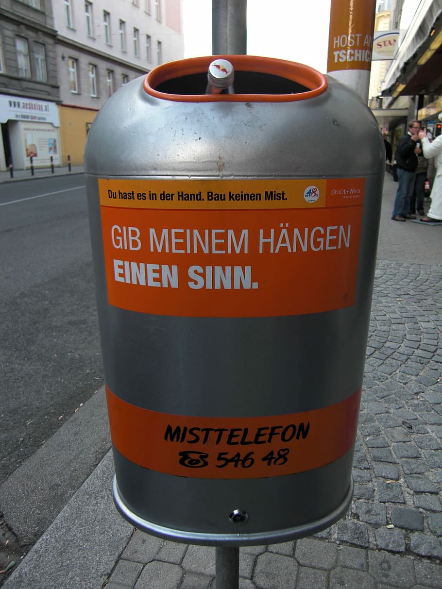 Garbage Can, Vienna, Austria, vienna, austria, garbage, sense, city cleaning, humor, text, western script