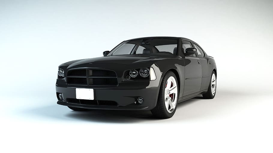 negro, esquivar, sedán cargador, estacionado, blanco, superficie, 3D, modelo de automóvil, papel tapiz, automóvil