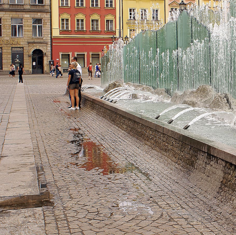 wroclaw fountain, fountain, wrocław, water, the market, the town hall, the town hall area, houses, old town, old buildings
