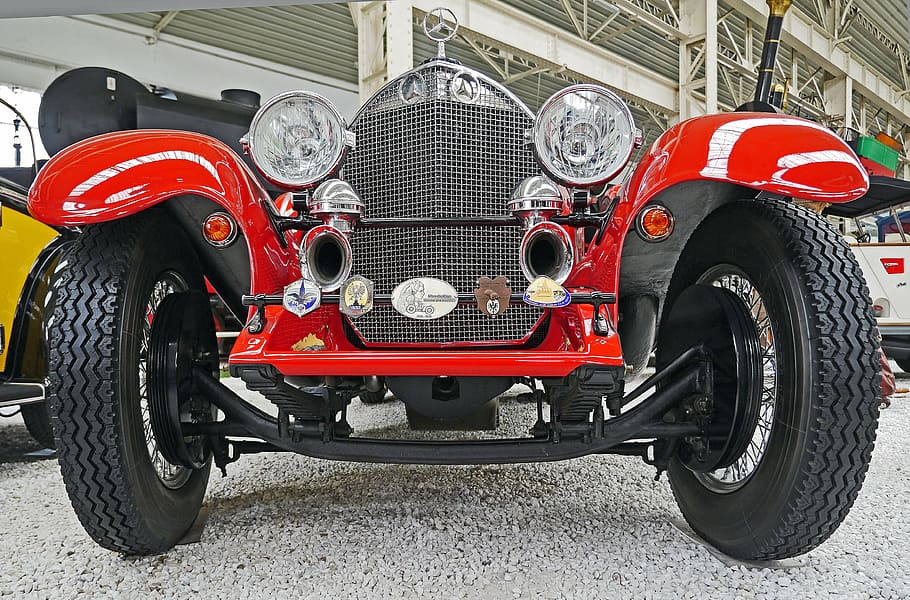 red vintage car, mercedes, spider, roadster, racing car, convertible, open, 1920 years, rigid axle, leaf springs