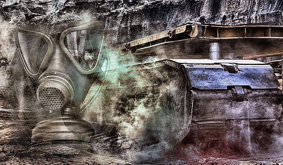 gas mask, bulldozer, brown coal, energy, industrial plant, open pit mining, mining, technology, excavators, pollution