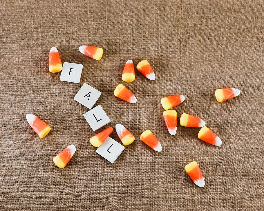 candy corn, flat lay, fall, seasons, autumn, letters, text, seasonal, halloween, candy