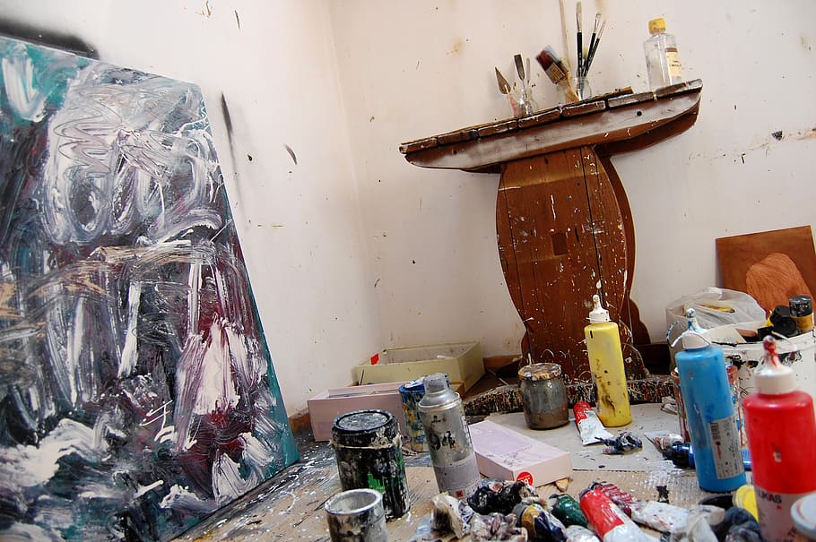 lab, painting, brushes, paint, artist, artists, studio, acrylic, tube, cans