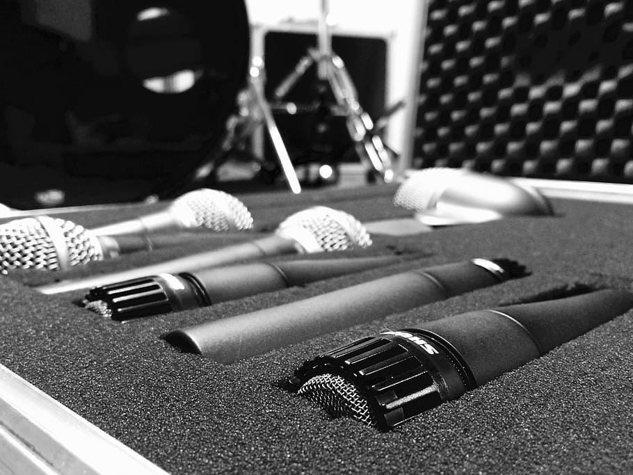 grayscale photo, assorted, microphones, case, grayscale, microphone, luggage, studio, recordings, audio equipment