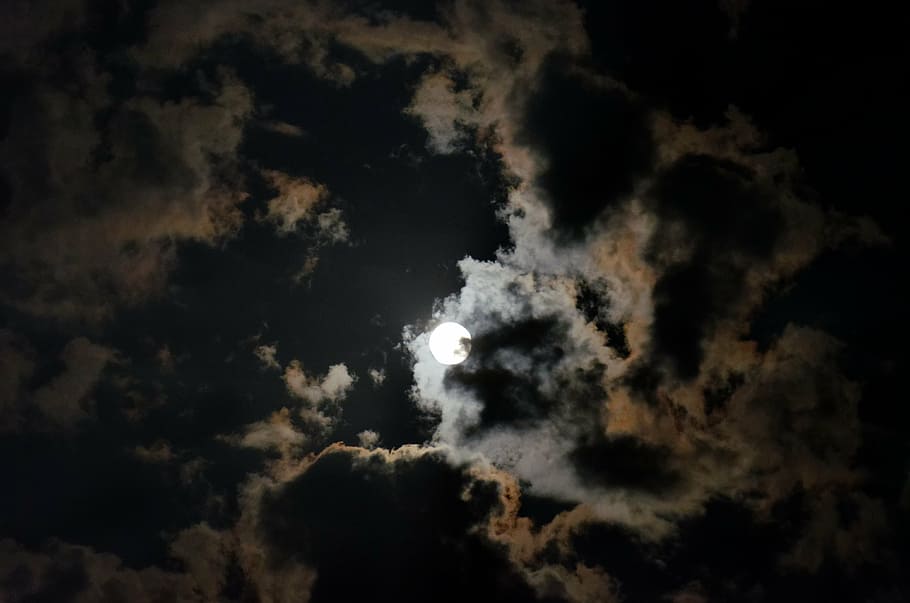 worm view photography, full, moon, full moon, night sky, clouds, moonlight, clouds veil, lighting, night
