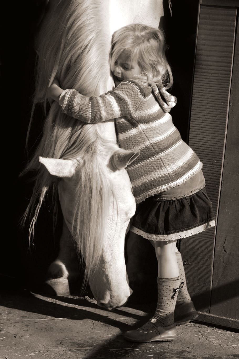 grayscale photo, girl, hugging, white, horse, hug, love, grey, kid, embrace