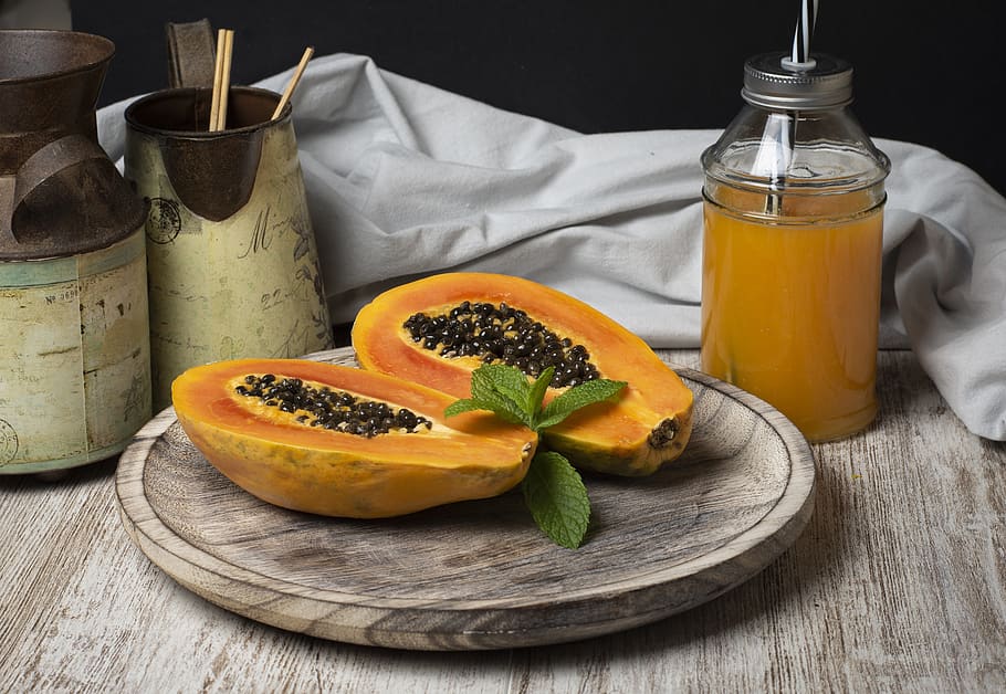 papaya fruit, fruit juice, wooden table, food and drink, food, healthy eating, wellbeing, freshness, table, container