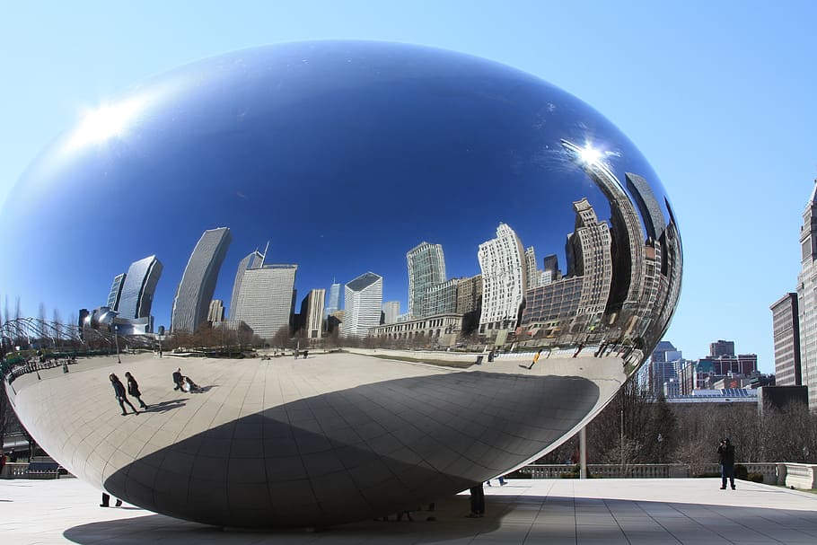 cloud gate, chicago, art, metal ball, chicago, bean, shiny, building exterior, architecture, city, built structure