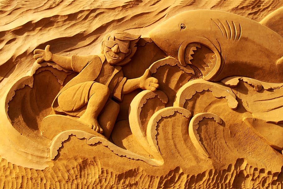sand sculpture, sand, art, oostende, shark, surfer, artwork, festival, sand sculptures, artists