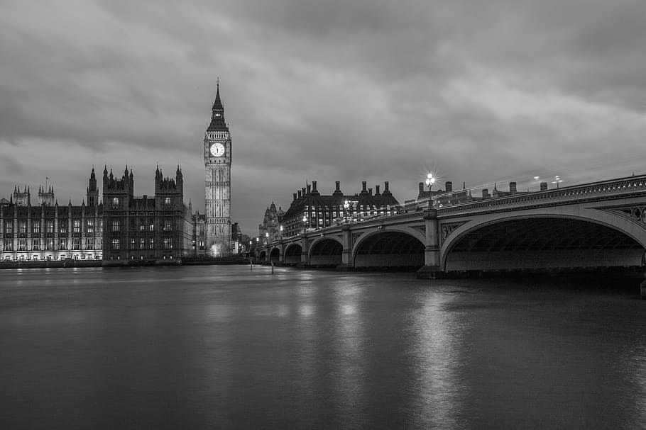 big ben, night, black, white, london, england, uk, clouds, bridge, architecture