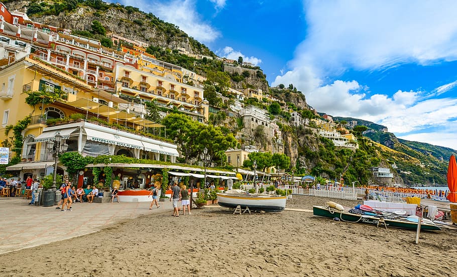 personas, playa, edificio, Amalfi, Costa, Resort, Hillside, mediterráneo, Italia, italiano