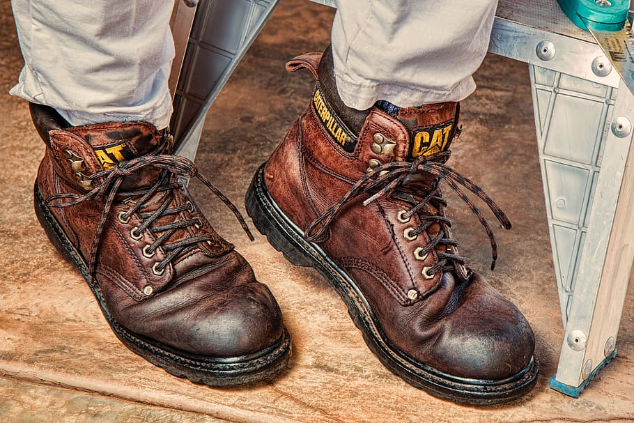 person, brown, pants, caterpillar leather work boots, work boots, footwear, protection, leather, safety, boot