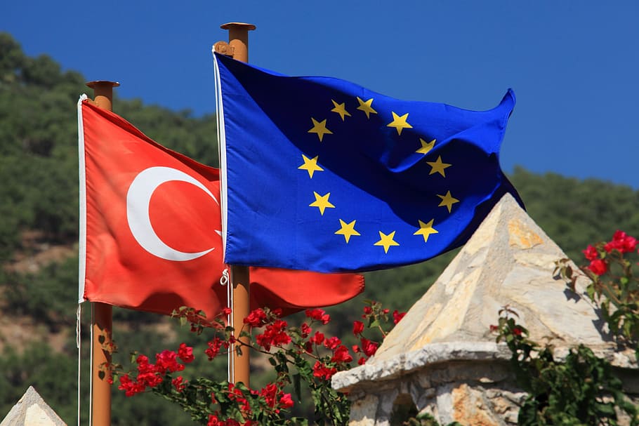turkey flag, europe flag, poles, blue, sky, daytime, country, europe, european, union