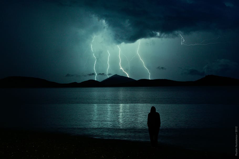 person, standing, seashore, mountain cliff, thunder, lightning, thunderbolt, thunderstorm, weather, flash