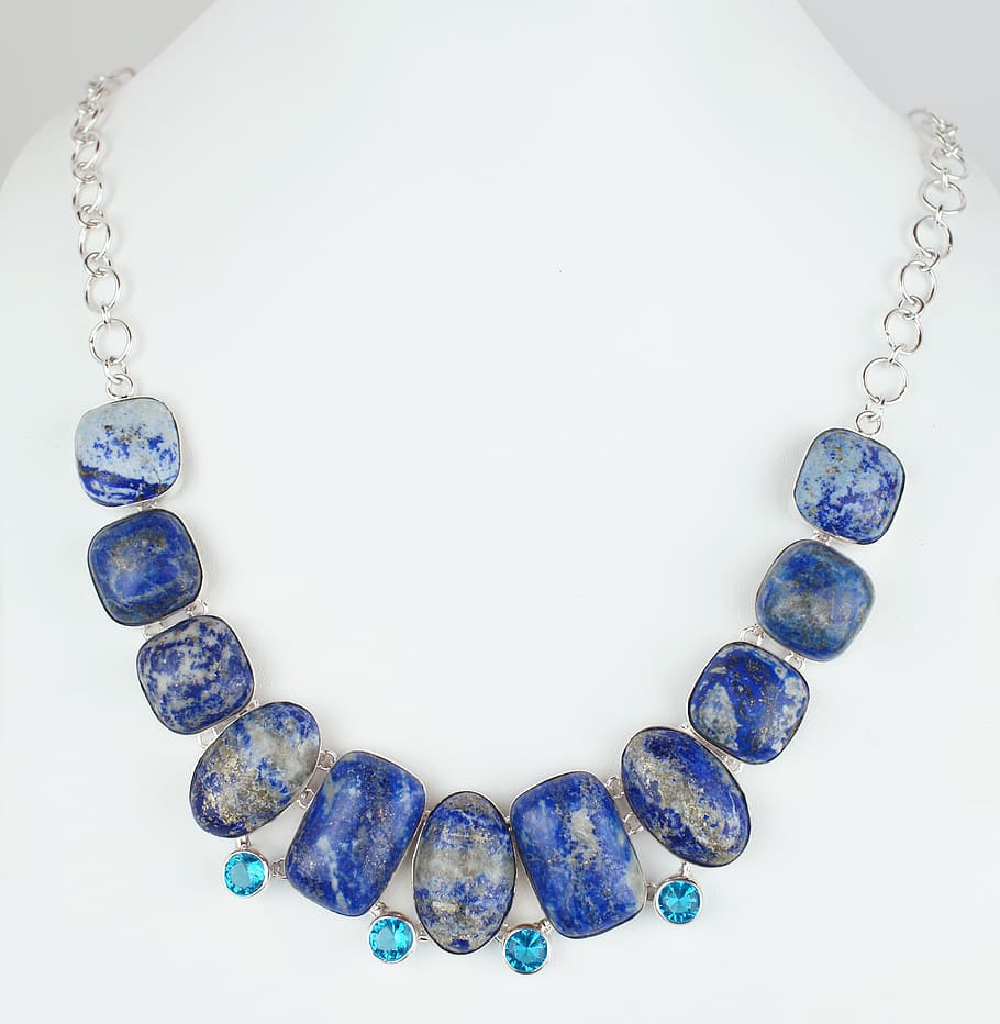 beaded, blue, stone silver-colored necklace, lapis, stone, necklace, choker, silver, sterling, white