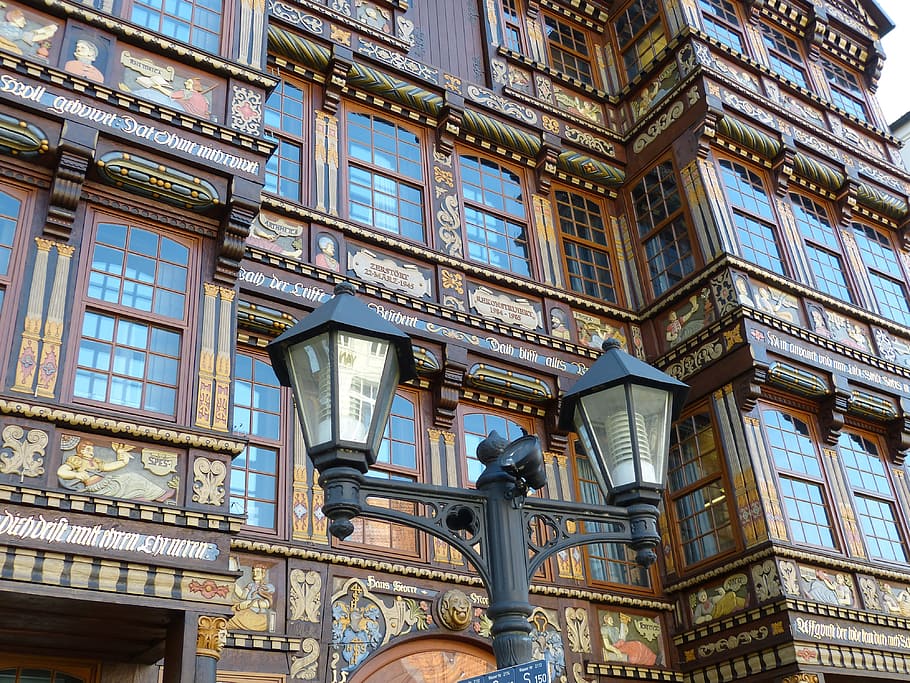 hildesheim germany, lower saxony, historically, old town, facade, truss, fachwerkhaus, relief, window, lantern