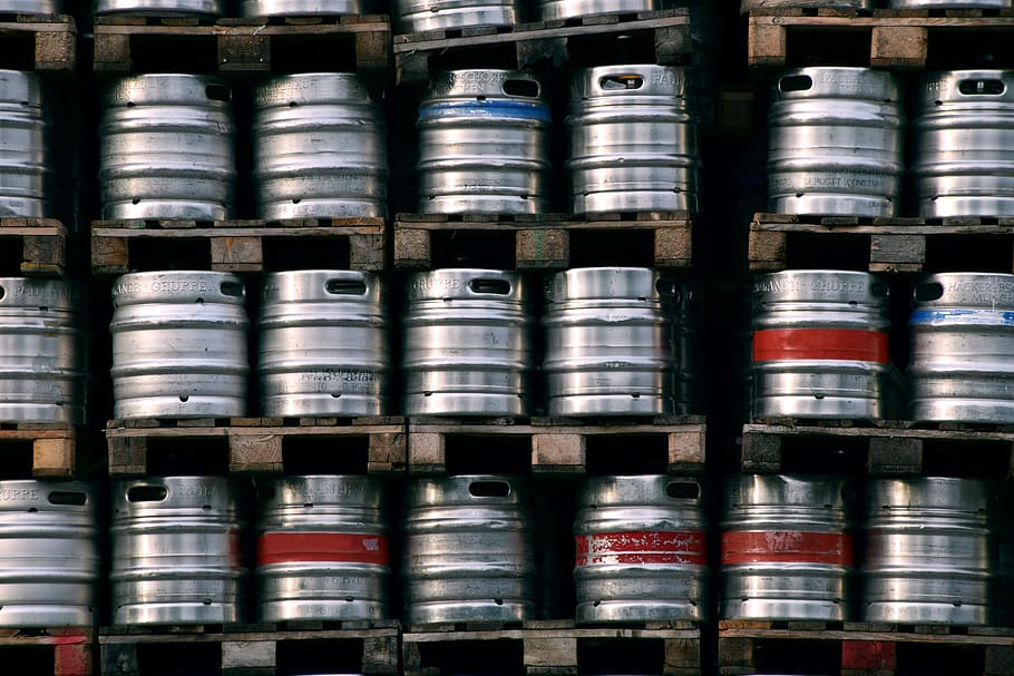 stacked, grey, metal tanks, Beer Barrels, Metal, beer, small beer kegs, food, drink, stock