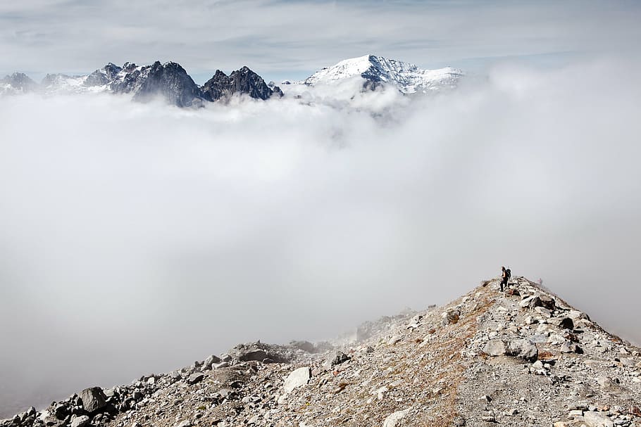 montanha, coberto, neve, nevoeiro, paisagem, rochas, cume, nebuloso, nuvens, céu