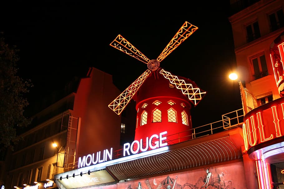 moulin, rouge, edificio, noche, Moulin Rouge, Pigalle, París, iluminado, arquitectura, exterior del edificio