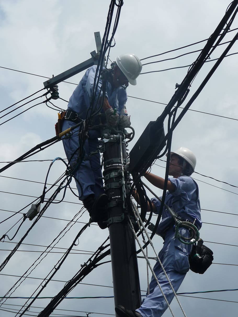 two, linemen, repairing, cables, utility post, electrician, fitters, electrical installation, mechanic, lines