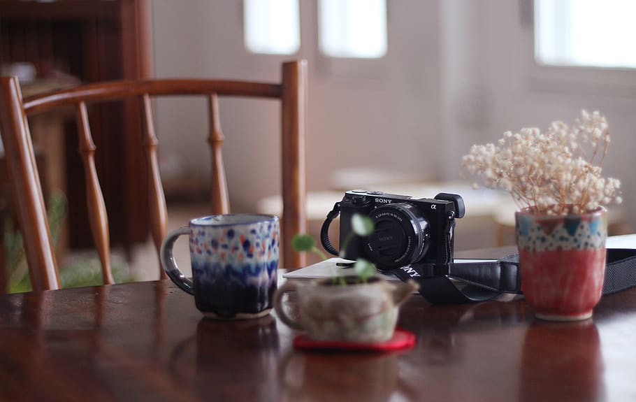 mug, cup, blur, table, chair, flower, display, camera, accessory, house