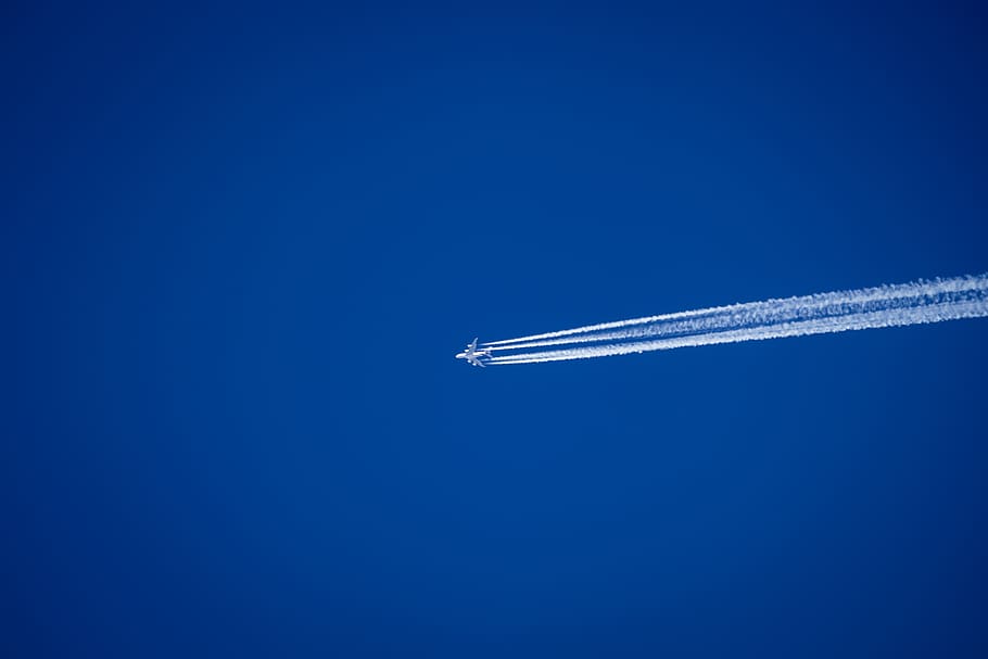 pesawat terbang, penerbangan, langit, terbang, biru, perjalanan, jet, dom, lalu lintas, contrail