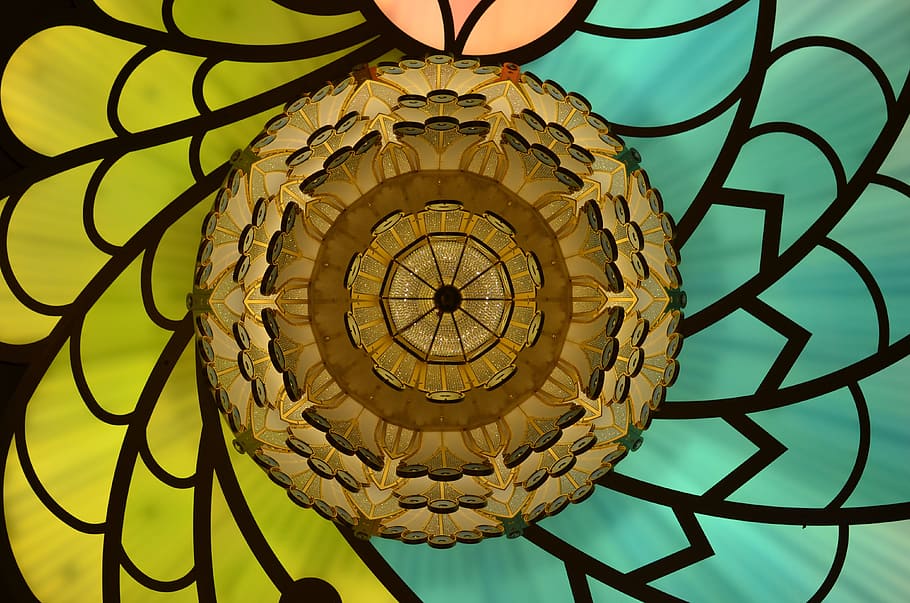 green, yellow, brown, floral, stained, glass wallpaper, kaleidoscope, dream, illusion, abstract