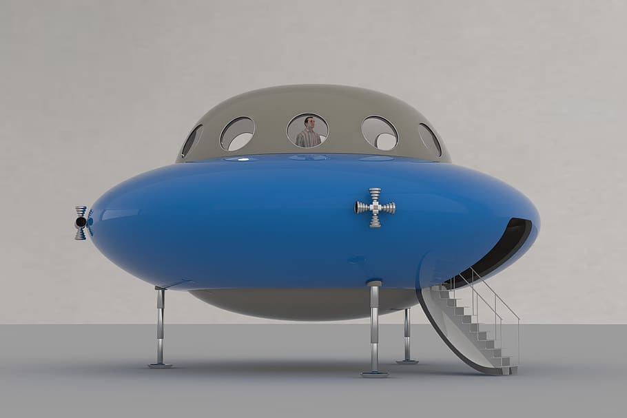 ufo, spaceship, future, technology, science fiction, blue, air vehicle, indoors, studio shot, airplane