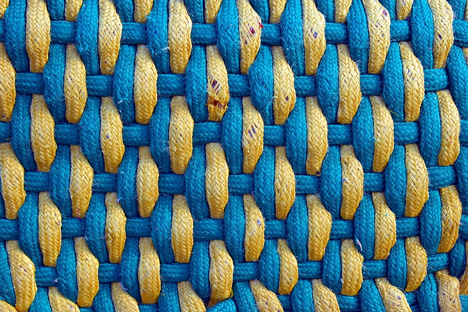 alfombra azul, yute, patrón, fibra, tela, estera, fondos, fotograma completo, primer plano, con textura