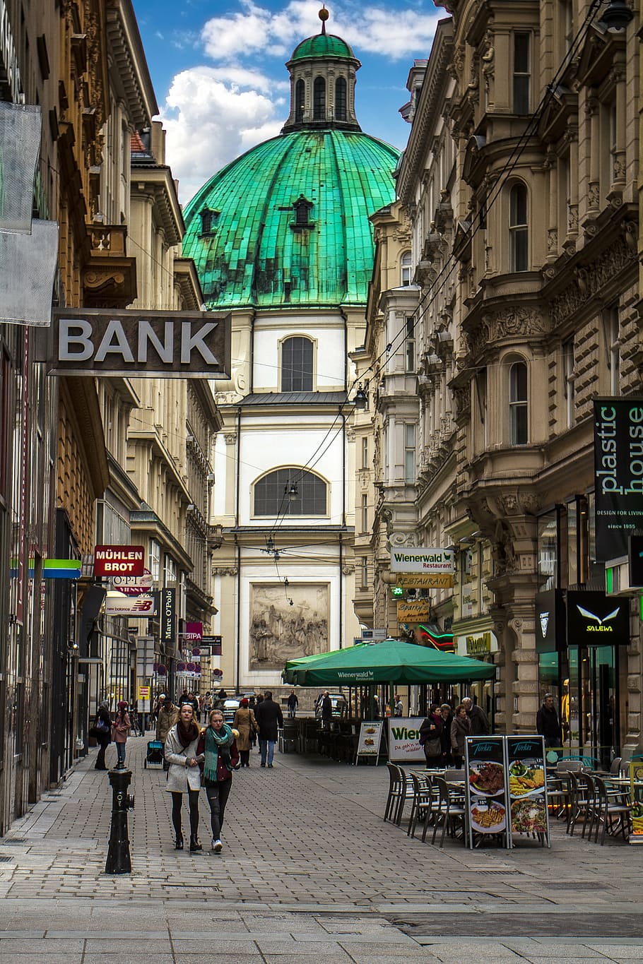 green, canopy tent, placed, brown, high-rise, building, vienna, old town, road, architecture