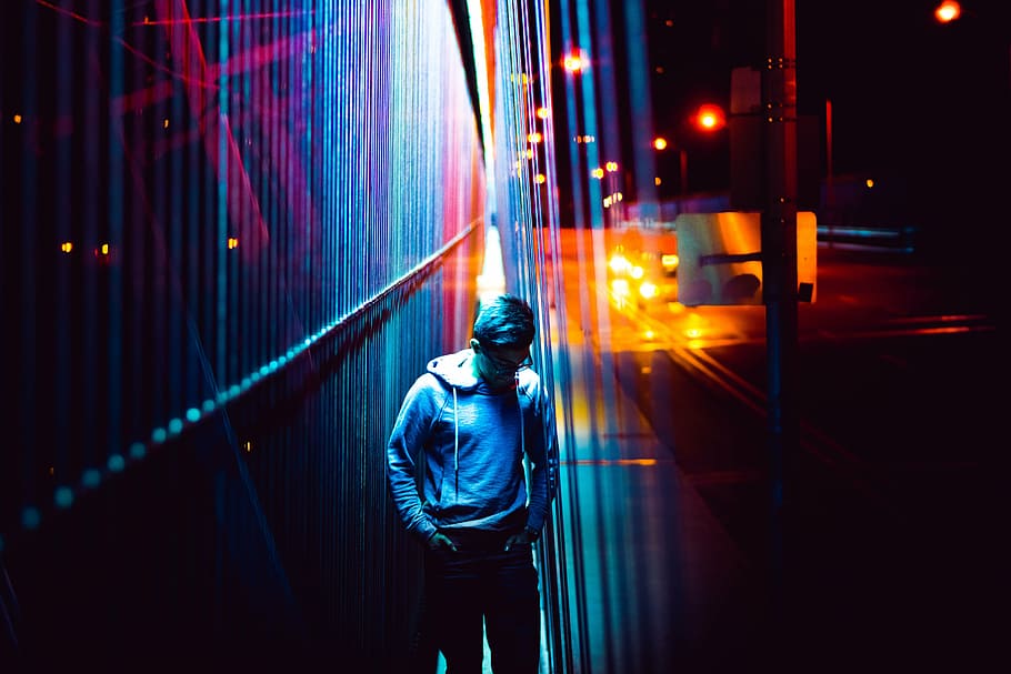 man, blue, pullover hoodie, people, guy, walking, alone, dark, night, street