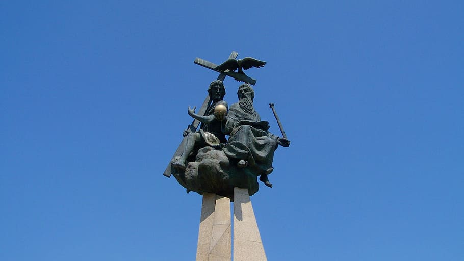 聖三位一体, 青, 空, 像, 青空, 聖三位一体の像, モハーチ, 記念碑, ヨーロッパ, 低角度のビュー