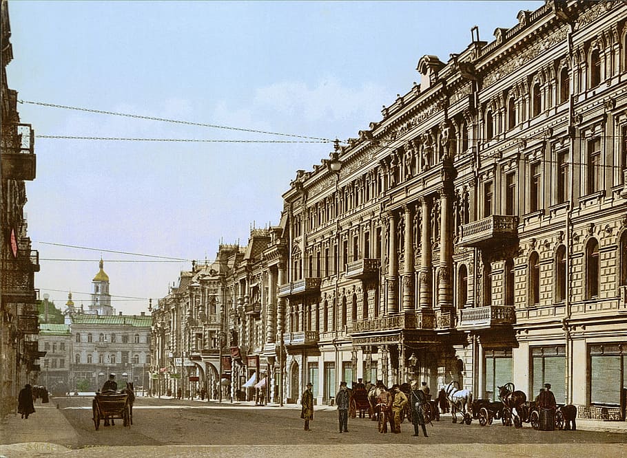後半, 19世紀, ストリートビュー, キエフ, ウクライナ, 建物, 写真, パブリックドメイン, ヴィンテージ, 人々