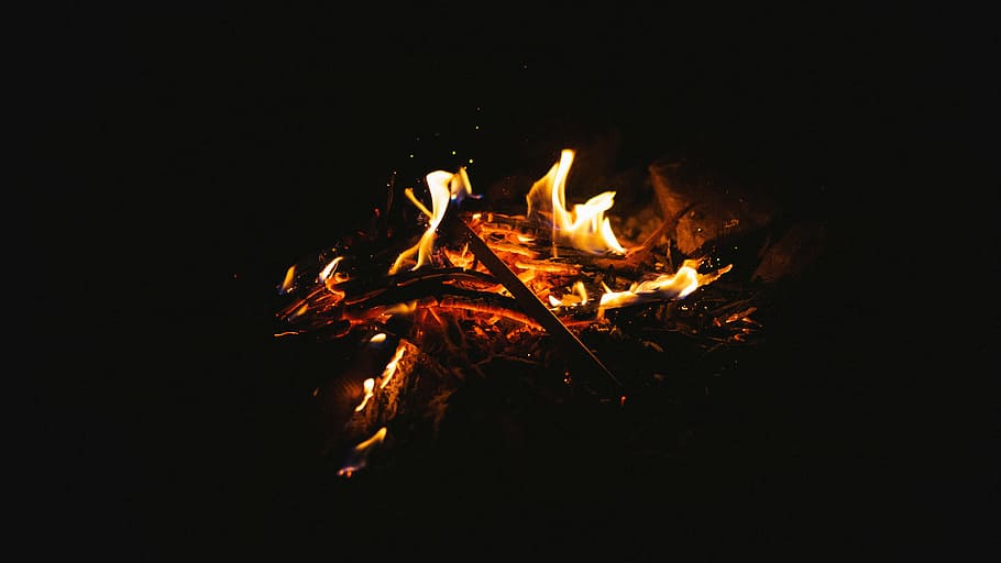 bonfire, fire, camp, woods, rock, spark, dark, night, burning, flame