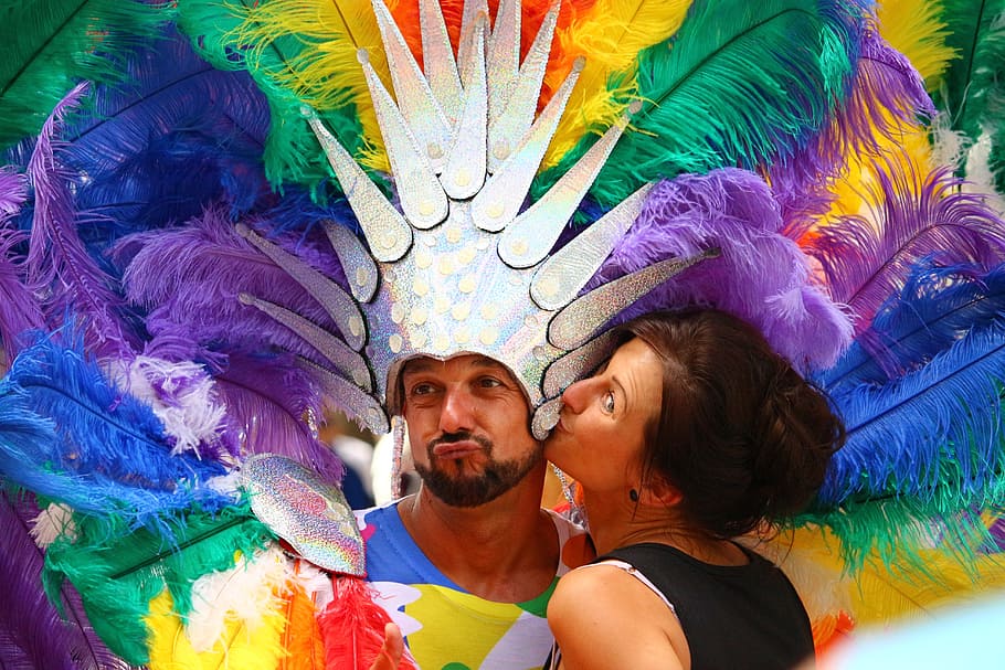 assorted-color feathers headdress, csd, parade, colorful, feather, demonstration, hamburg, human, pride, man